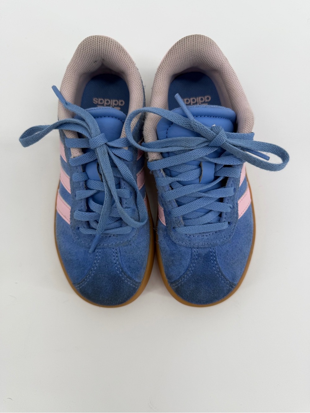 adidas Kids Blue Suede Sneakers with Pink Stripes